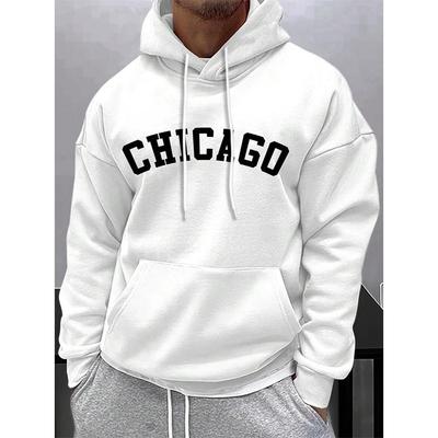 Street Letter Chicago Printing Hoodies For Men Pocket Drawstring Pullovers Thermal Fleece Soft Sweatshirts Autumn Clothes