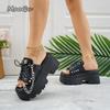 Fashion Women Summer 2025 Fashion Slippers Size42 Thick Heel Chain Rivet Decor Platform Slippers Punk Style High Heels Zapatos De Mujer
