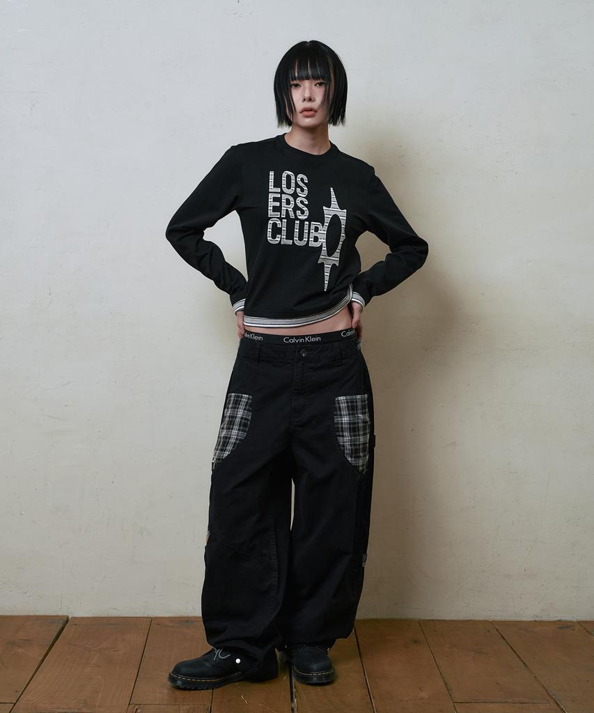 Lujeoseukeulleob Check Patch Wide Cotton Pants Black