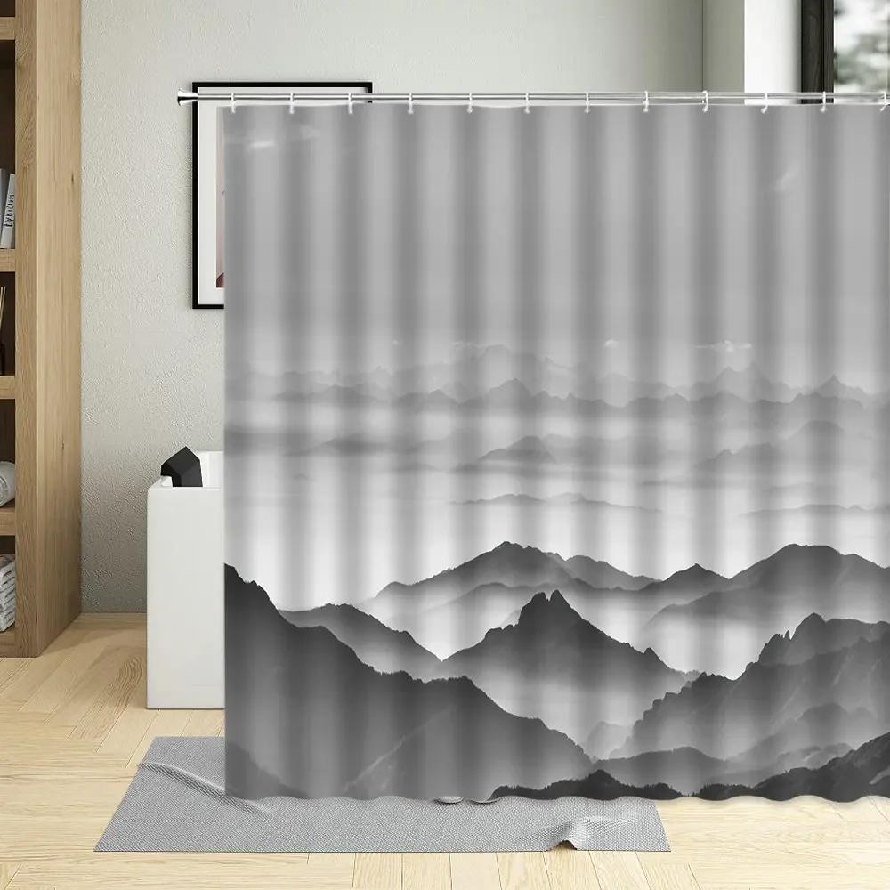Chinese Style Shower Curtain Ink Painting Mountain Bird Flower Plant Bamboo Scenery Bathroom Hanging Curtain Set Polyester Cloth
