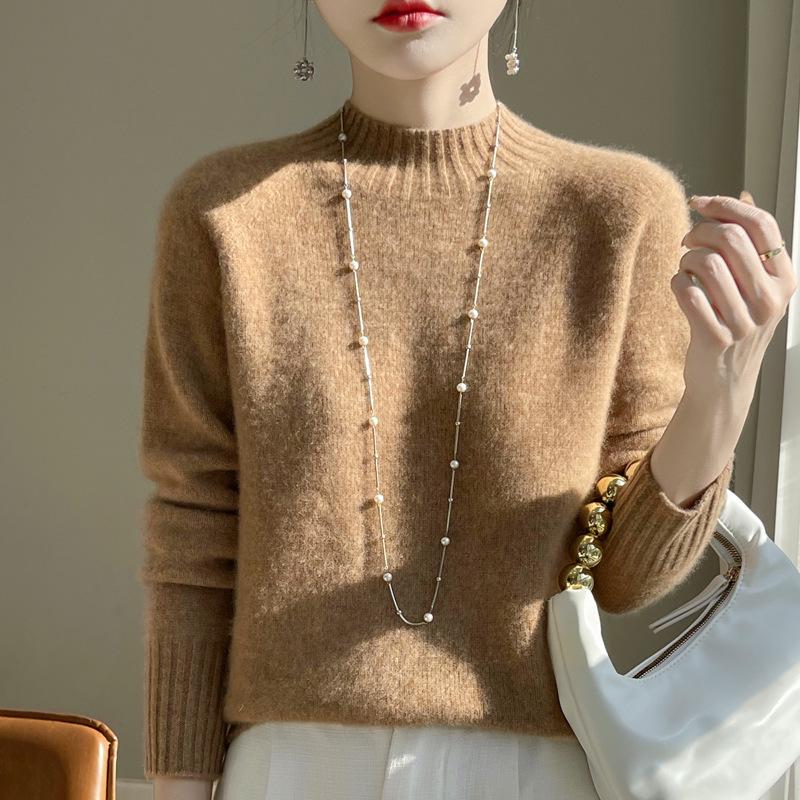 Women's Semi-High Neck Merino Wool Sweater - Autumn/Winter Collection, Versatile Knit Base Layer