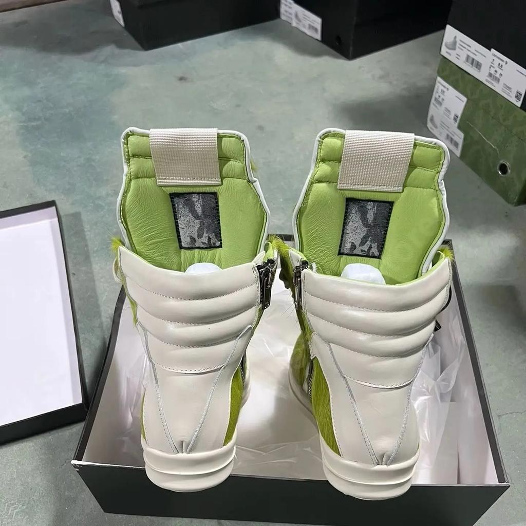 R-o Design Men Shoe Women Sneaker High Top Shoes Green Horse Hair Ankle Boots Grass Green Horsehair Zipper Outdoor Flat Boot