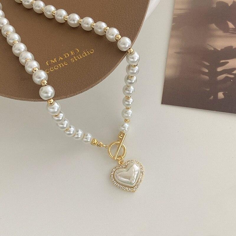 

White Imitation Pearl Bead Necklace Women Crystal Stone Heart Pendant Cute Girl Jewelry Necklace Collier Femme
