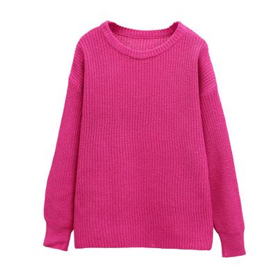 Women Pullover Sweater Round Neck Long Sleeve Elastic Fabric Knitting Tops Solid Color Loose Fit Sweater Tops