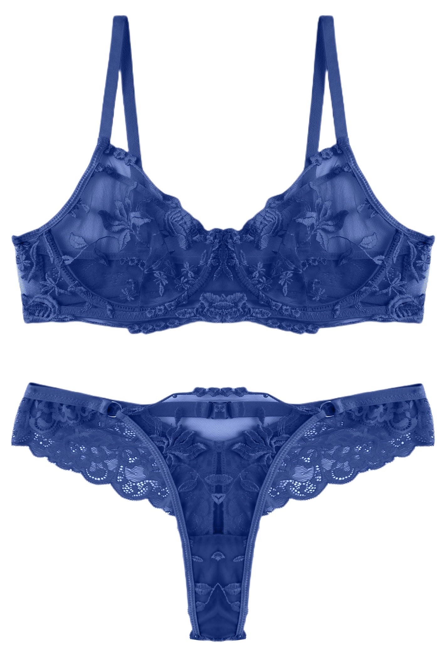 

Мэйо Вышитый Бюстгальтер и Сексуальное Кружевное Белье для Цветочного Размера Бюстгальтера S Трусики Т-спинка, Женщины, Принт, Без подкладки, Тонкий, Прозрачный Комплект, Синий, синий