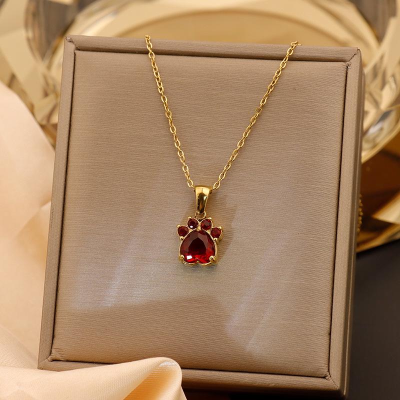 

18K Gold-Plated Titanium Cat Paw Pendant Necklace with Colorful Zircon Hearts for Women 18K