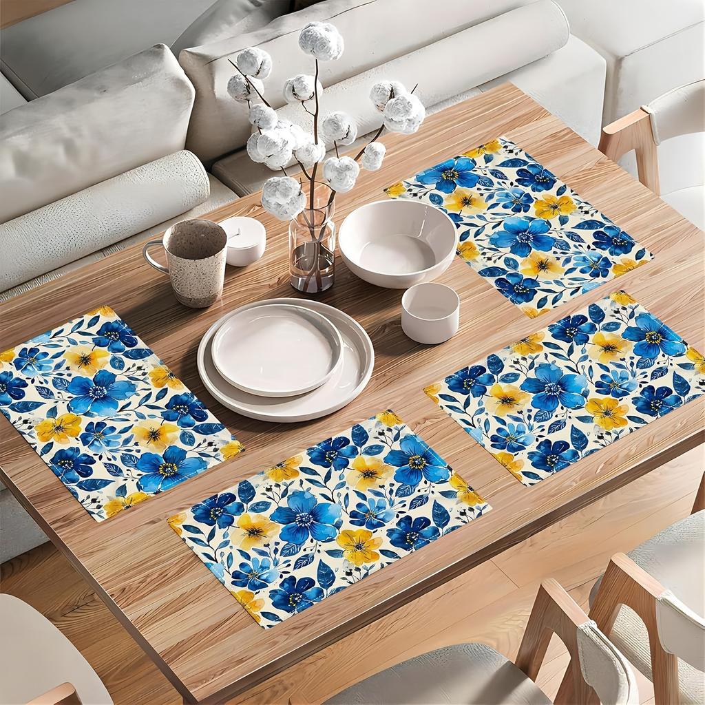 4 Stück Blumen-Tischsets Set aus 4 Blau-Gelben Blumen Aquarell Tischmatten Waschbare Platzmatten für Zuhause Party Küche Außenbereich