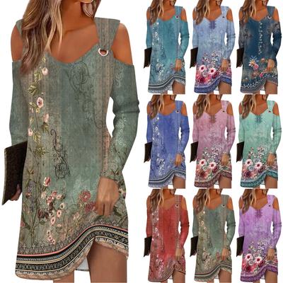 Women's Autumn And Winter Casual Fashion V-neck Long Sleeve Print Long Dress With Pocket