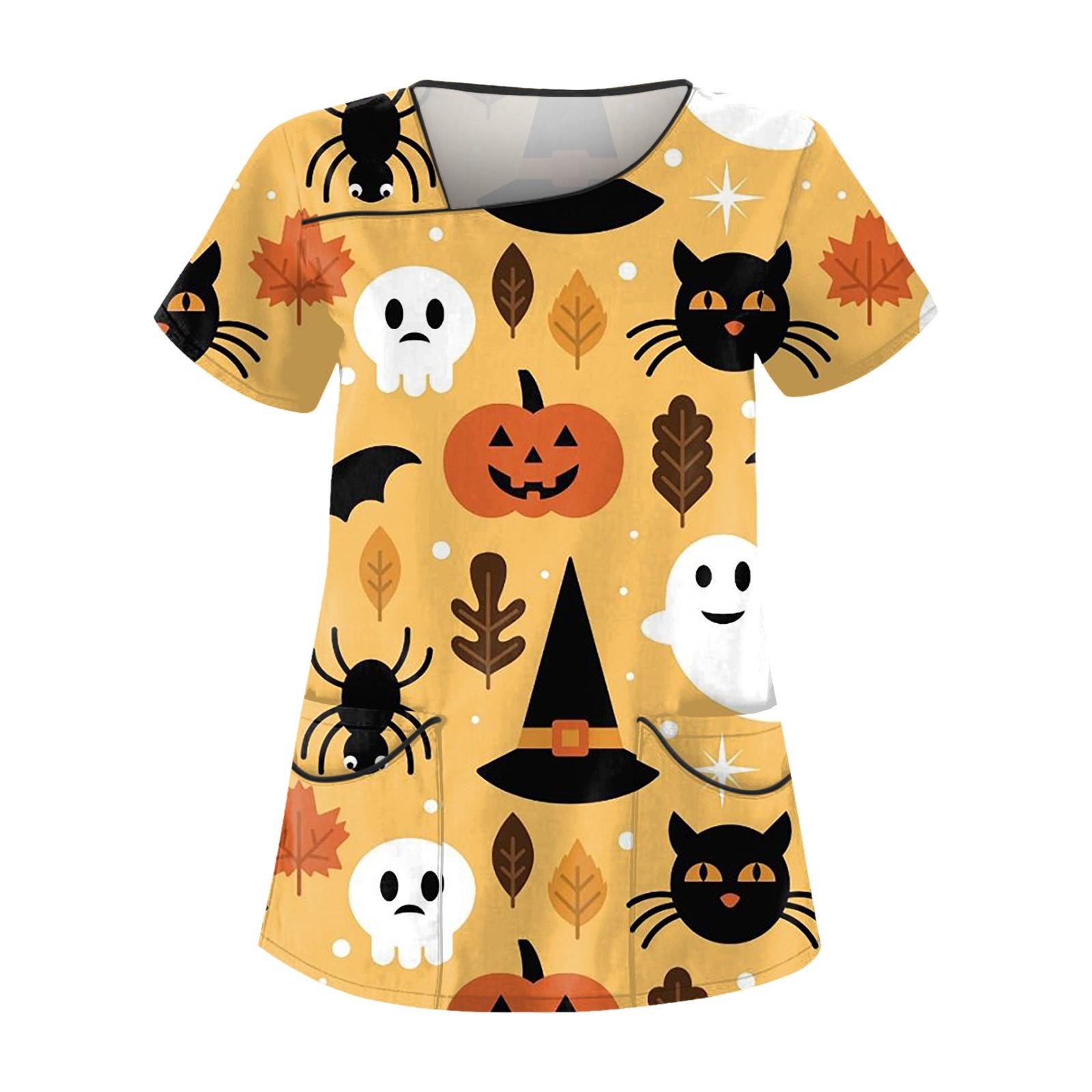 

Women s Halloween Printed Work Clothes With Sloping Collar And Double Layer Pocket Top XXXXXL золотой