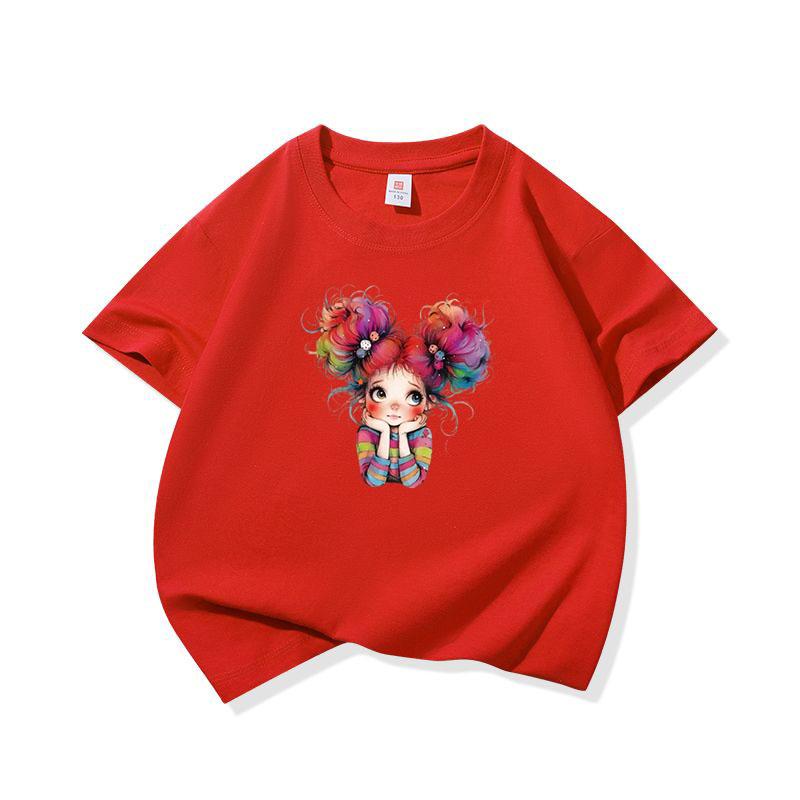 Kids Cotton T Shirt Cheerful Rainbow Hair Girl Graphic Print Crew Neck Short Sleeve Tee Casual Boys Girls Summer Tops