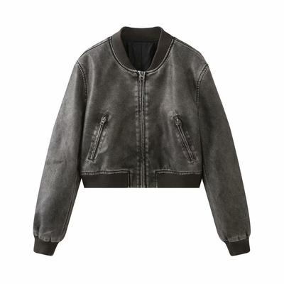 Damen Vintage Kunstleder Bomberjacke Mantel Top Damen Style