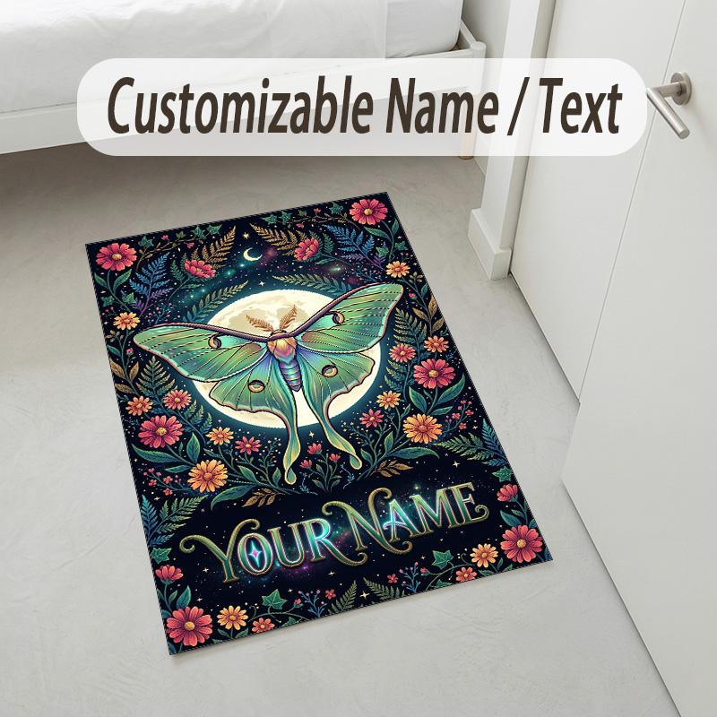Moonlit Moth Garden Theme Soft Crystal Velvet Rug Custom Name & Text Print Non Slip Floor Rug for Bedroom Living Room