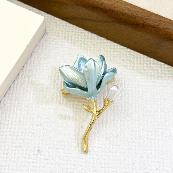 Magnolia Flower Brooch Zinc Alloy Faux Pearl Flower Lapel Pin Sweater Cardigan Coat Business Suit Decoration Men Women Clothing Accessories