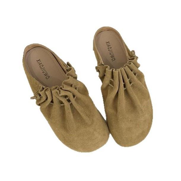 [Youshilai] Retro pleated gentle baotou half slippers women's 2025 spring new outer wear thick bottom one pedal