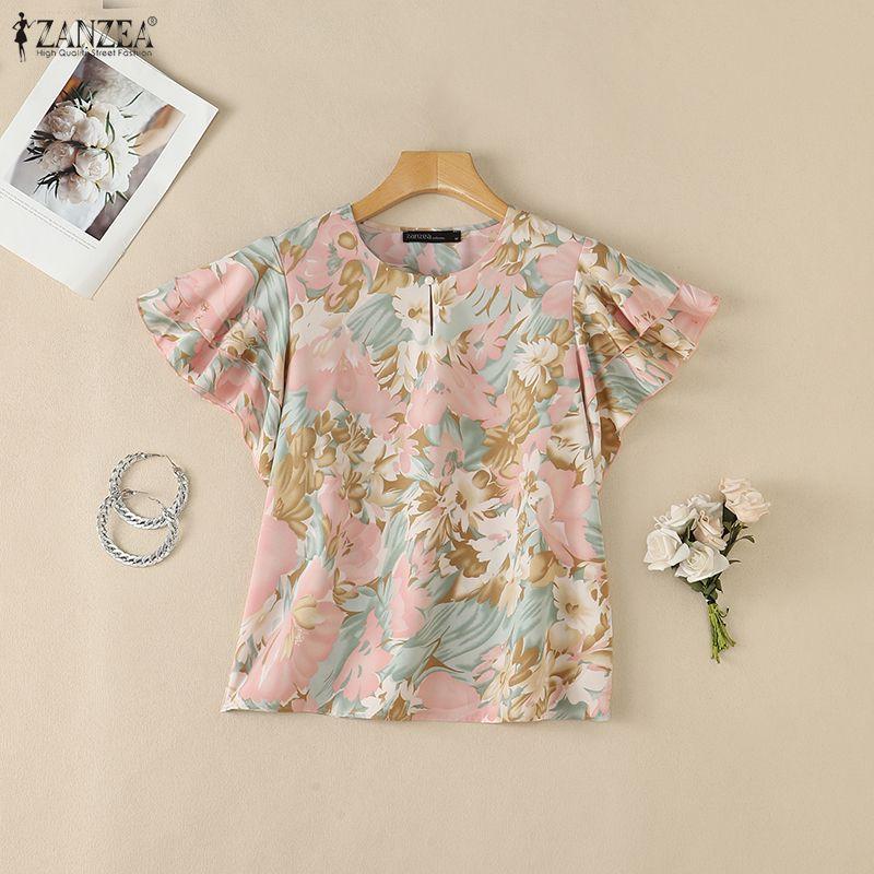 ZANZEA Women Casual Round Neck Floral Print Loose Ruffles Short Sleeve Blouse