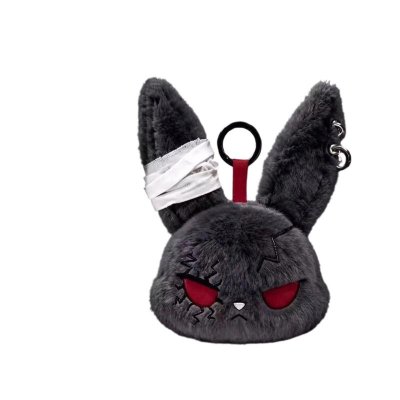 Gothic Bunny Plush Keychain Charm with Bandage Kawaii Key Ring Pendant Car Bag Ornament Halloween Gift Prank Toys