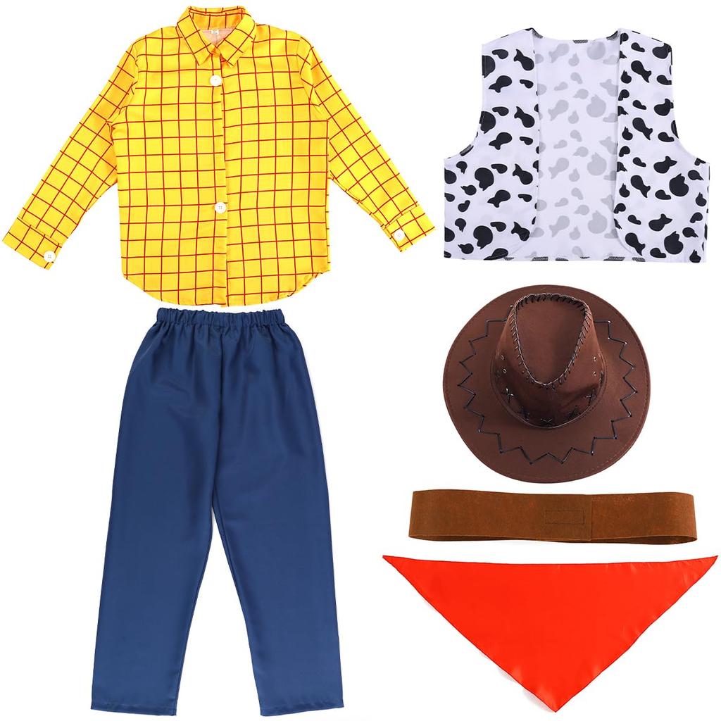SCLYX Men's Cowboy Cosplay Costume with Hat and Bust, Adult Woody Costume, Top and Bottom Set, Toy Story, Halloween, EventParty Costume, #21185