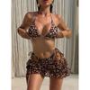 Sexy hnědé leopardí bikiny sety pro ženy síťované plisované přehozy 3dílné plavky letní plavky dovolenková plážová móda