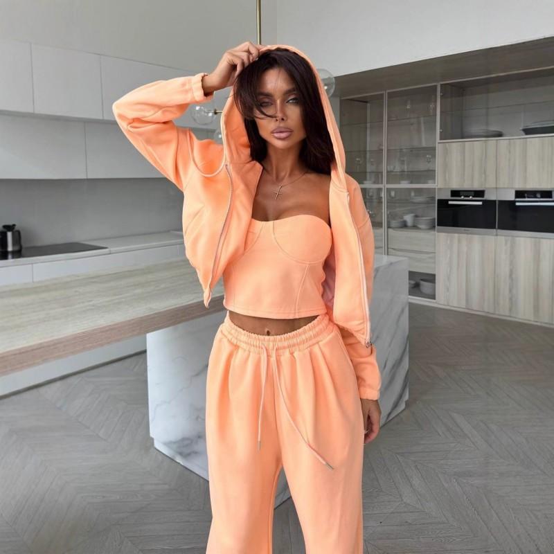 Womens Casual Solid Color Hooded Zip-Up Sweatshirt Wide-Leg Pants 2-Piece Set Long Sleeve Streetwear Outfit
