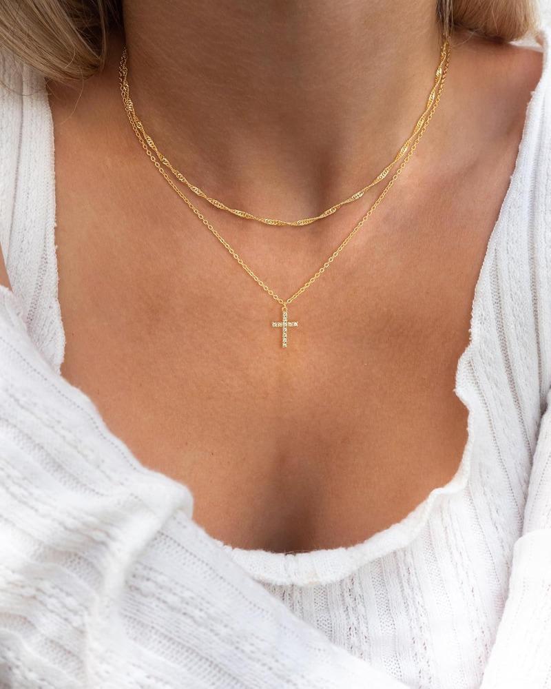 Easter Basket Stuffers CZ Cross Necklace for Women Teen Girls Dainty 14K Real Silver Gold Plated Layered Pendant Necklace Stack
