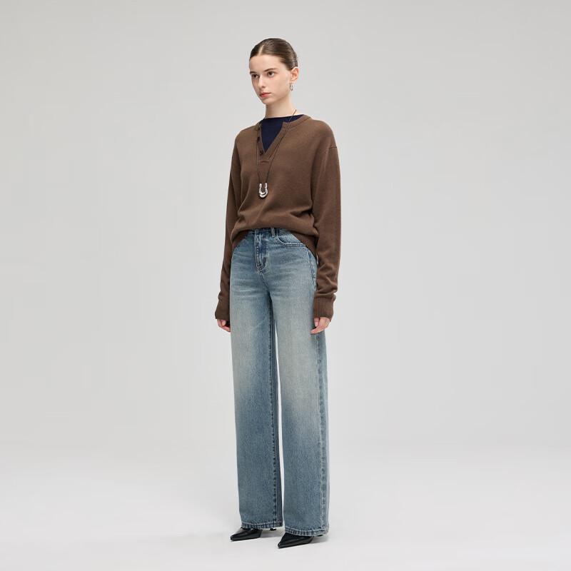 Fengxun Women's Vintage Washed High-Waist Wide-Leg Denim Jeans FXKL3113