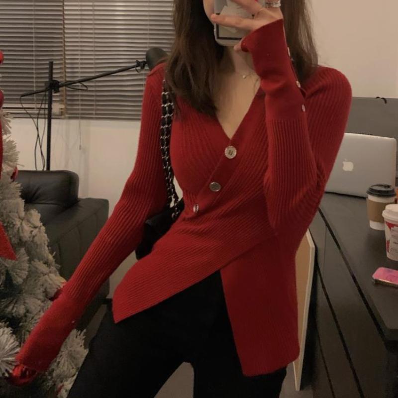 Autumn and Winter Solid Color V-neck Sweater Pullover Long Sleeved Design Sense French Short Slim Fit Knitted Sweater for Women
