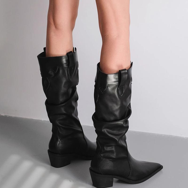 Fashion Autumn Vintage Thick Heel Women Western Cowgirl Boots Fashion Slip On Shoes Ladies Elegant Knight Long Booties