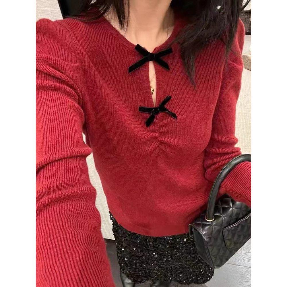Winter Soft Slim Hollow-Out Knit Sweater with Bow Detail