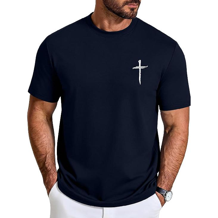 Camiseta Casual Gráfica Ajustada para Hombre con Cruz Cristiana Aiyino
