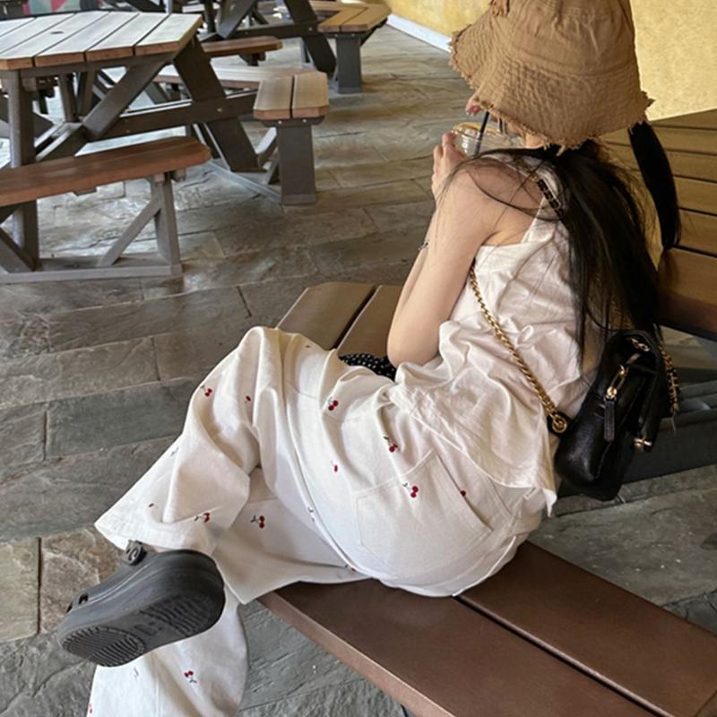 White Cherry Printed Cotton Linen Wide Leg Casual Pants for Women In Summer Thin and High Waisted Slimming Straight Leg Floor Length Pants