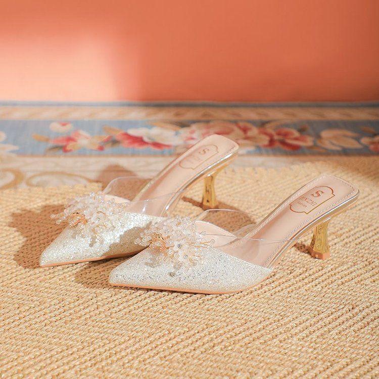 French sweet temperament bag head sandals women's 2025 spring and summer new pointed rhinestone bow comfortable high heels women's shoes