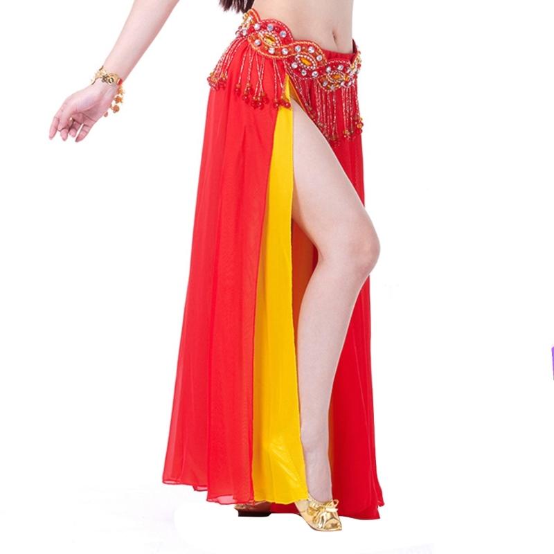 Belly Dance Skirt Double Slits Dance Training Dress Chiffon Long Skirt for Professional and Beginner