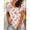 Sommer Damen Freizeit V-Ausschnitt Kurzarm T-Shirt Erdbeerblumen 3D-Druck Modisch Bequem Atmungsaktiv Locker Sport Vielseitiges T-Shirt