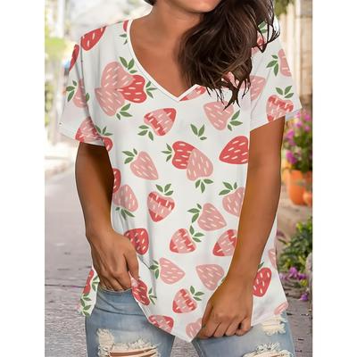 Summer Women's Casual V-neck Short Sleeved T-shirt Strawberry Flowers 3D Printing Fashionable Comfortable Breathable Loose Sports Versatile T-shirt