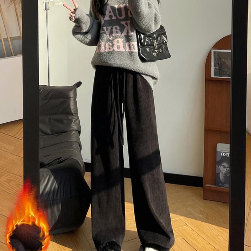 Herringbone Chenille Wide-leg Pants for Women's Autumn and Winter New Style Plush Pants for Slimming Loose Casual High-waist Straight-leg Pants
