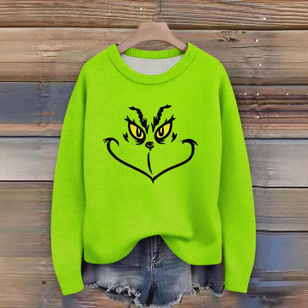 Long Sleeve Pullover Sweaters For Women O Neck Casual Cute Printing Knit Oversized Sweater