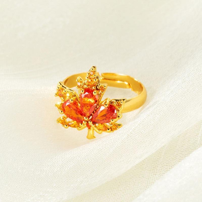 Korean Trend Red Zircon Maple Leaf Opening Adjustable Rings for Women Fashion Gold Color Statement Ring Jewelry Party Accessories
