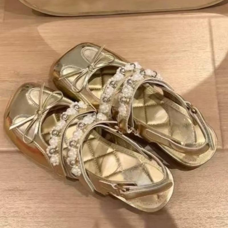Fashion Fashion Bow Flat Shoes Women's Spring and Summer New Square Toe Shallow Mouth Beaded Soft Sole Non-slip Ballet Shoes