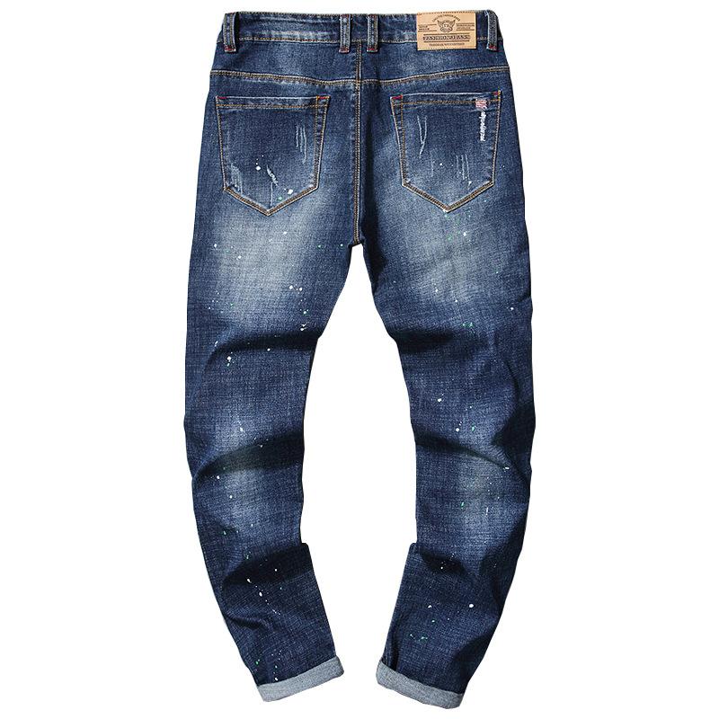 2024 Men'S Perforated Embroidery Slim Fit Elastic Small Straight Leg Jeans Men'S Paint Spray Paint Adhesive Cloth Pants
