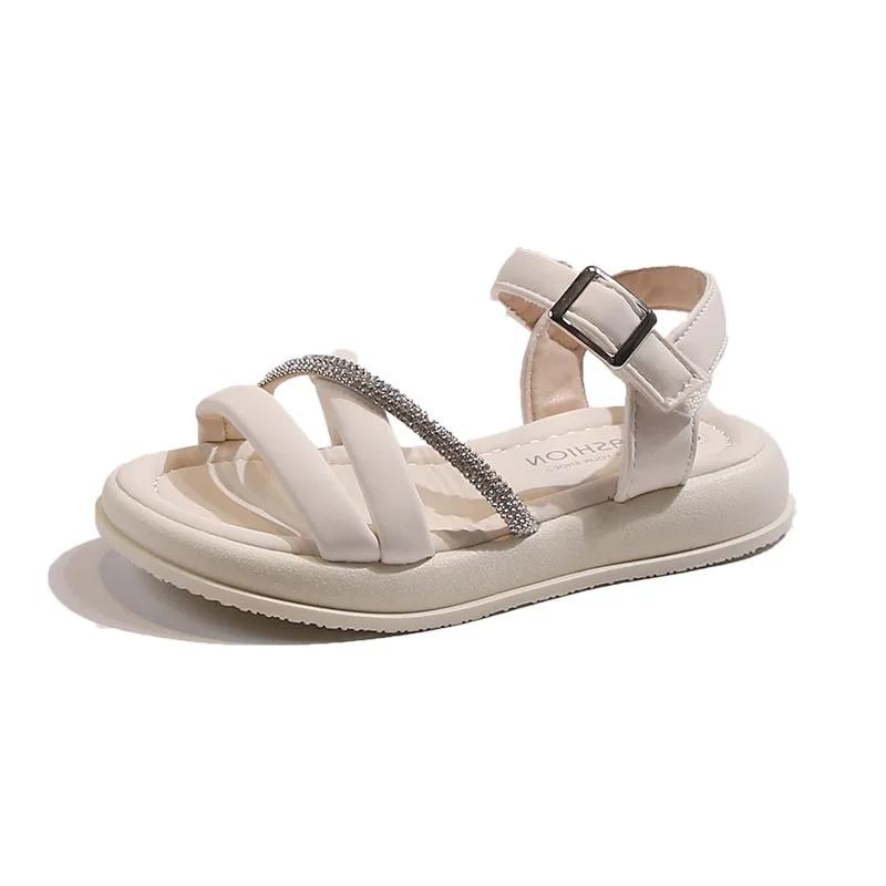 Girls' Sandals 2024 Summer New Children Fashion Versatile Beach Shoes Little Girl Sweet Casual Princess Shoes with Shiny Diamond