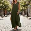 Ärmelloses V-Ausschnitt Maxikleid Lockerer Schnitt Langes Kleid Leichte Leinenoptik Sommer Freizeitkleid mit Seitenschlitz für Damen