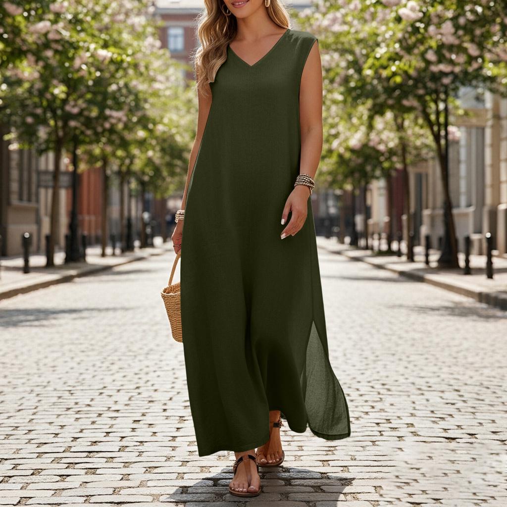 Ärmelloses V-Ausschnitt Maxikleid Lockerer Schnitt Langes Kleid Leichte Leinenoptik Sommer Freizeitkleid mit Seitenschlitz für Damen