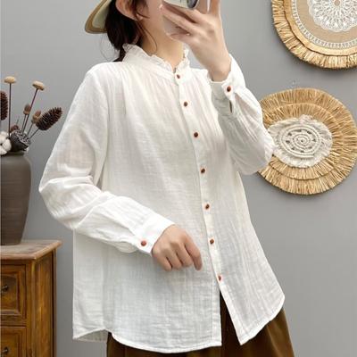Camicie bianche da donna Colletto alla coreana in pizzo Camicette in doppio filato di cotone Maniche lunghe con bottoni colorati Top larghi da donna