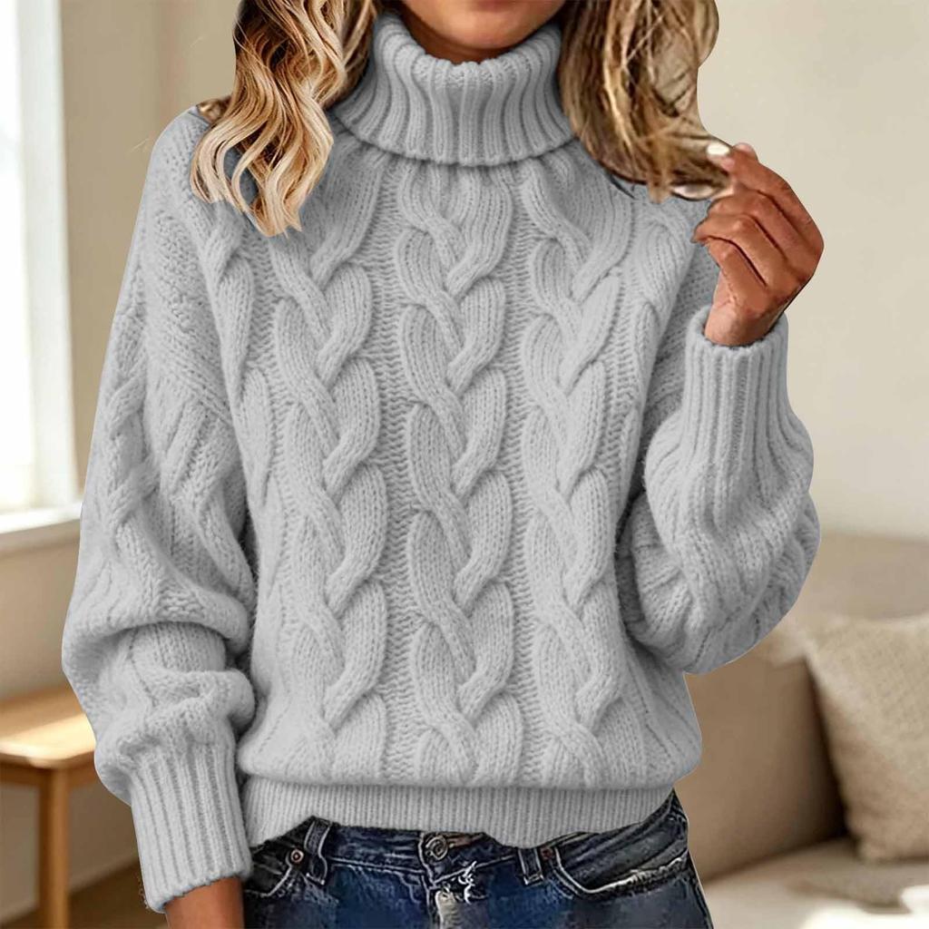 Damen-Strickpullover mit Rollkragen, langen Ärmeln, einfarbig und mit Zopfmuster