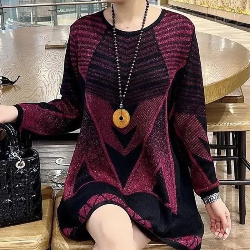 Casualowa, geometryczna moda, jasne jedwabne swetry, jesienno-zimowa odzież damska z długim rękawem, wokół szyi, koreańskie swetry Midi z dzianiny