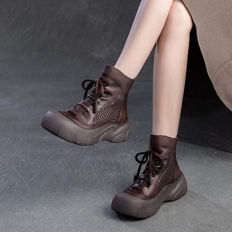 Johnature Cizme din piele naturală cu decupaje, retro, lucrate manual, cu vârf rotund, respirabile, pentru femei, cu talpă groasă