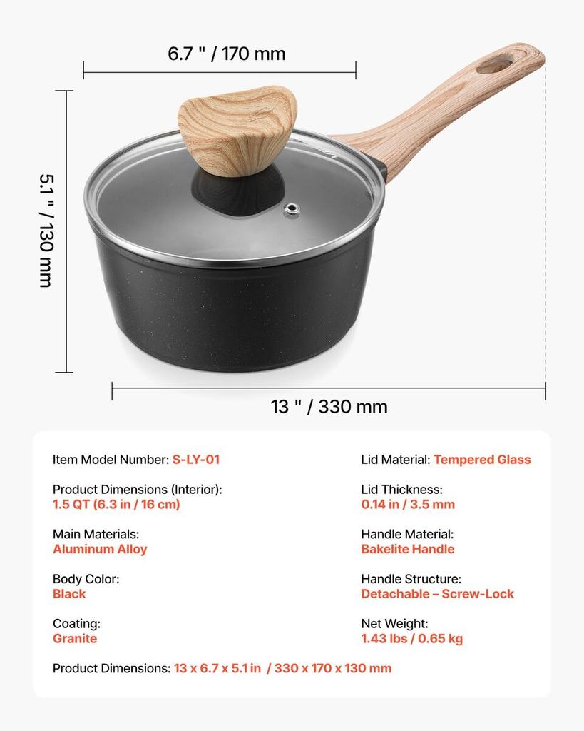 1.5 QT Saucepan, Nonstick Saucepan with Tempered Glass Lid, Multipurpose Cooking Sauce Pot with Detachable Handle, Sauce Pan Small Kitchen Cooking Pot