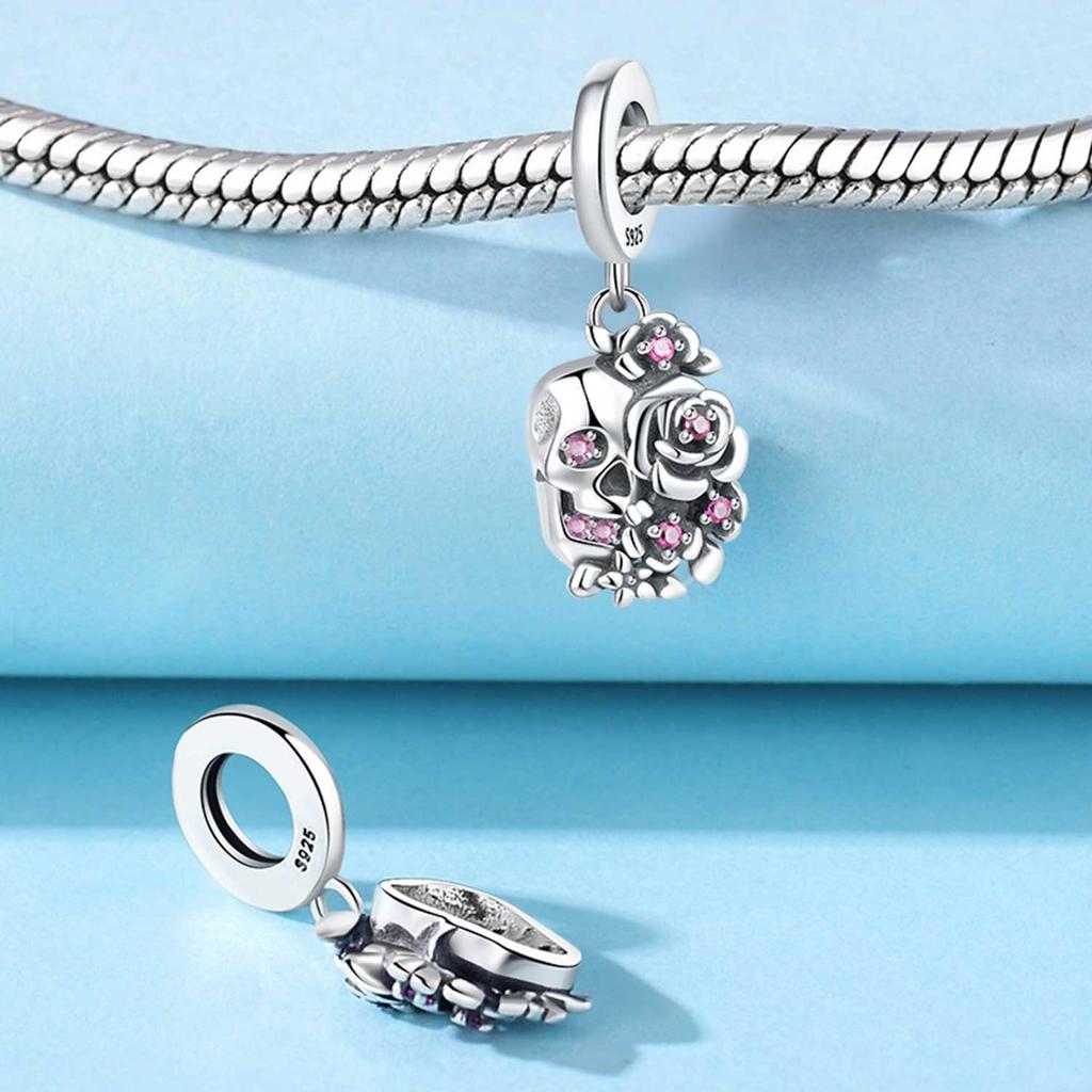 Original Copper Charms Luxury Pink Flowers Skull Pendant Beads Fit Bracelet Diy Women Making Delicate Gift