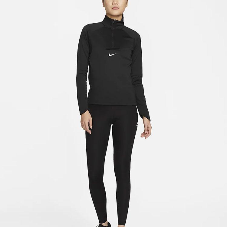 Nike Dri-Fit Solid Color Logo Print Stand Collar Half-Zip Long Sleeve T-Shirt Women Tops Black DM7569-010