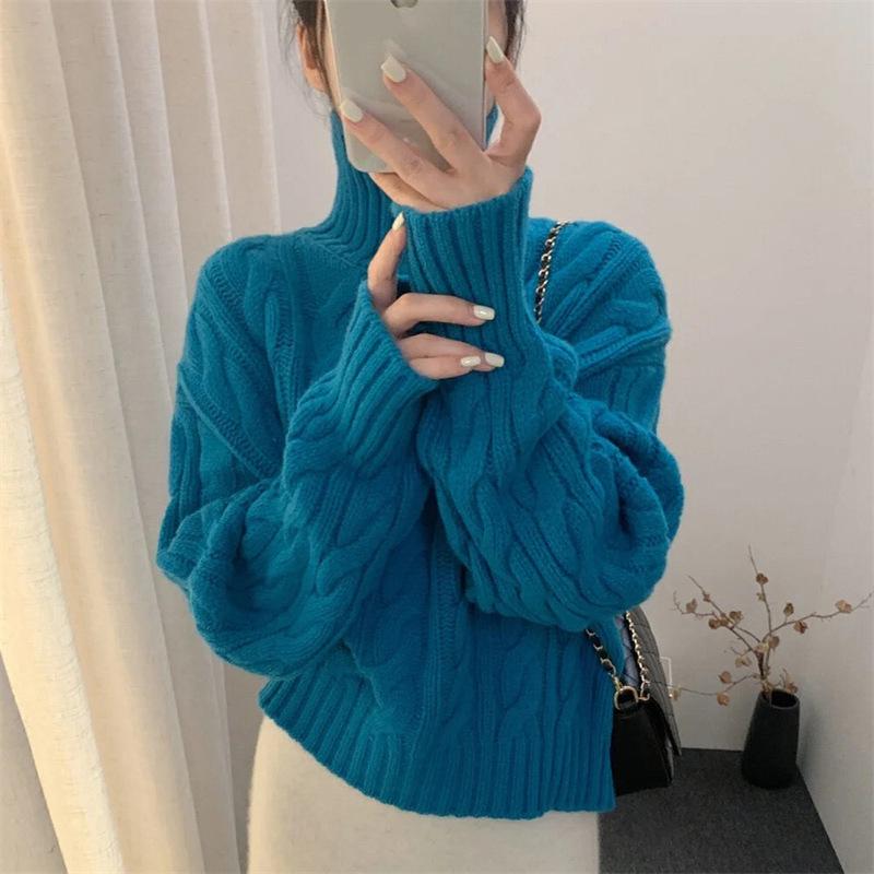Women's High-Neck Wool Sweater - 100% Pure Wool, Cable Knit, Thick, Fashionable, Elegant Cashmere Base Layer Knitwear